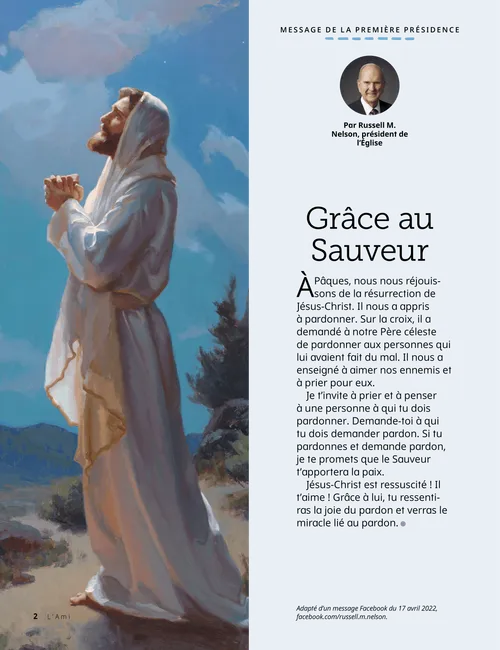 Page au format PDF avec une illustration représentant Jésus-Christ en train de prier, ainsi qu’une activité de coloriage représentant des enfants heureux dehors sous le soleil qui brille