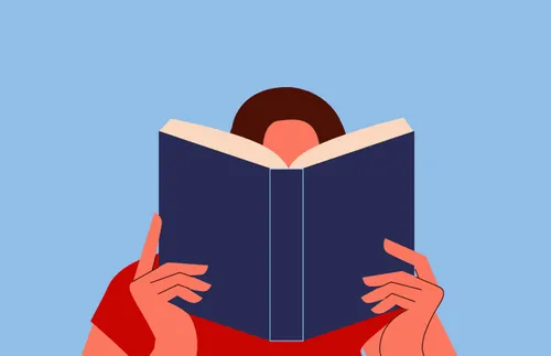 an illustrated person reading a book