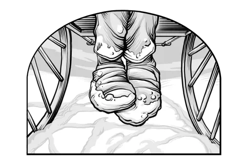 snow-covered feet dangling from handcart