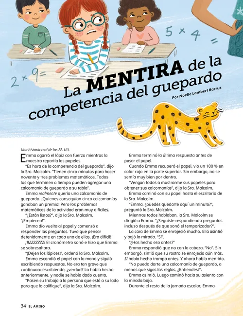 Página en PDF con ilustraciones de pegatinas de guepardo, una niña que parece nerviosa en su pupitre escolar y la niña orando con su mamá