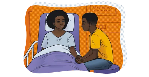 young man with mother in a hospital bed