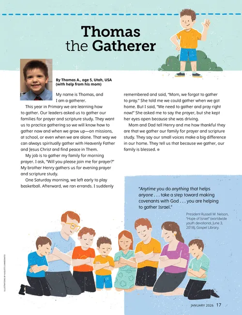 Page PDF with illustrations of a boy waving and the boy praying with his family