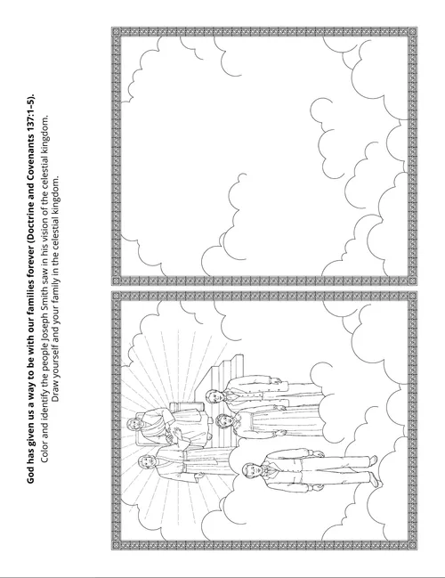 Line art Primary activity depicts two frames with one frame showing the people Joseph Smith saw in vision.