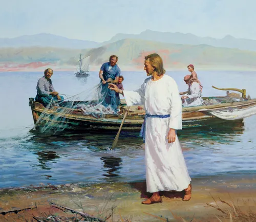 Jesus Christ in a white robe, walking along the banks of the sea and calling out to a group of fishermen, who are pulling their nets into their boat.