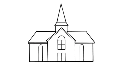 Line drawing of a meetinghouse.