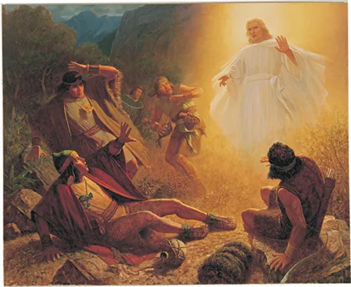 An angel appearing to Alma the Younger. The angel is commanding Alma to stop persecuting the church. The four sons of King Mosiah are also present.