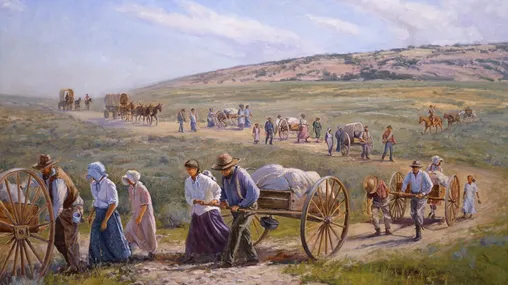 The painting depicts handcart pioneers neer South Pass, Wyoming.  They are dressed in light colors. Sunlight illumines the scene.