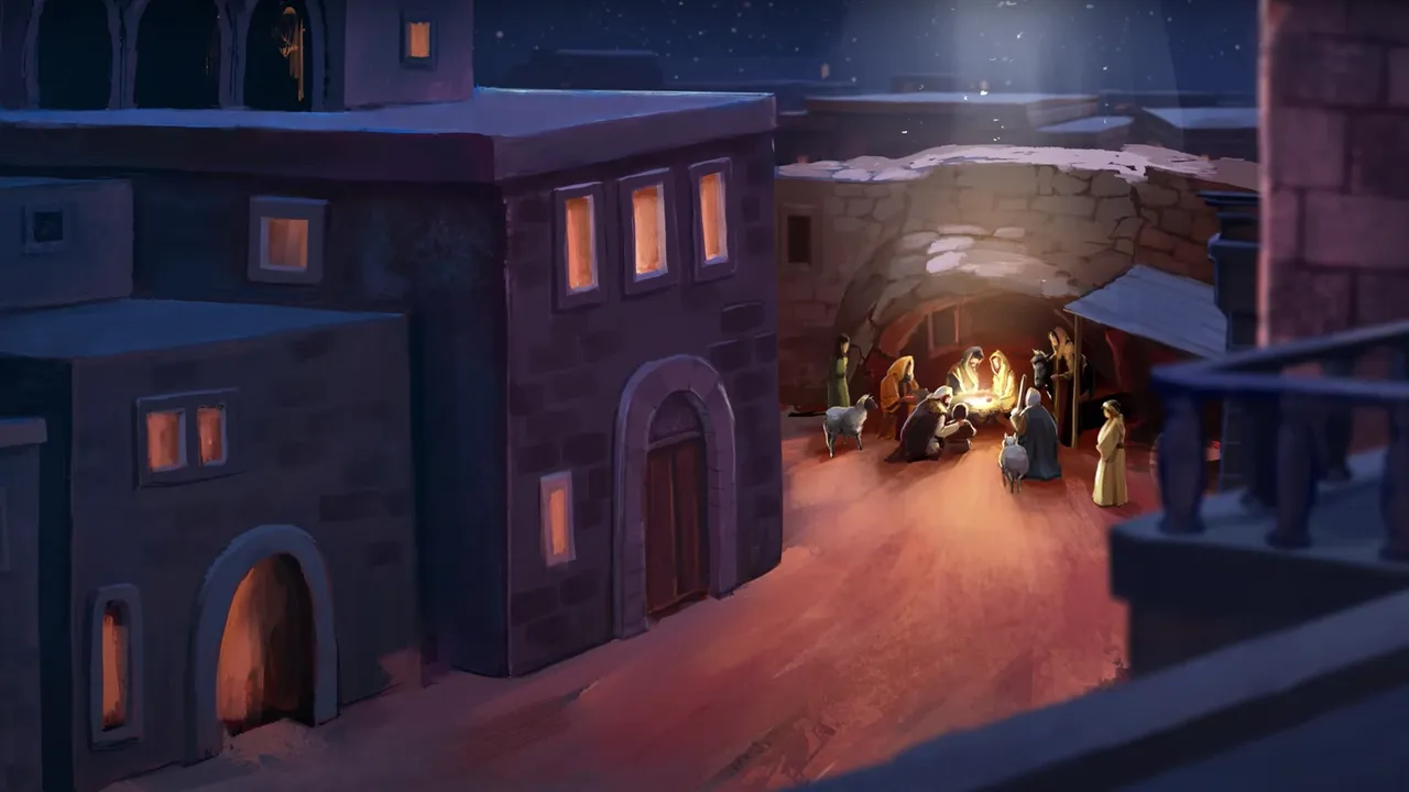 Shepherds surround the stable in which Jesus was born and greet Him