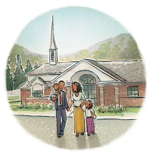 family in front of a church