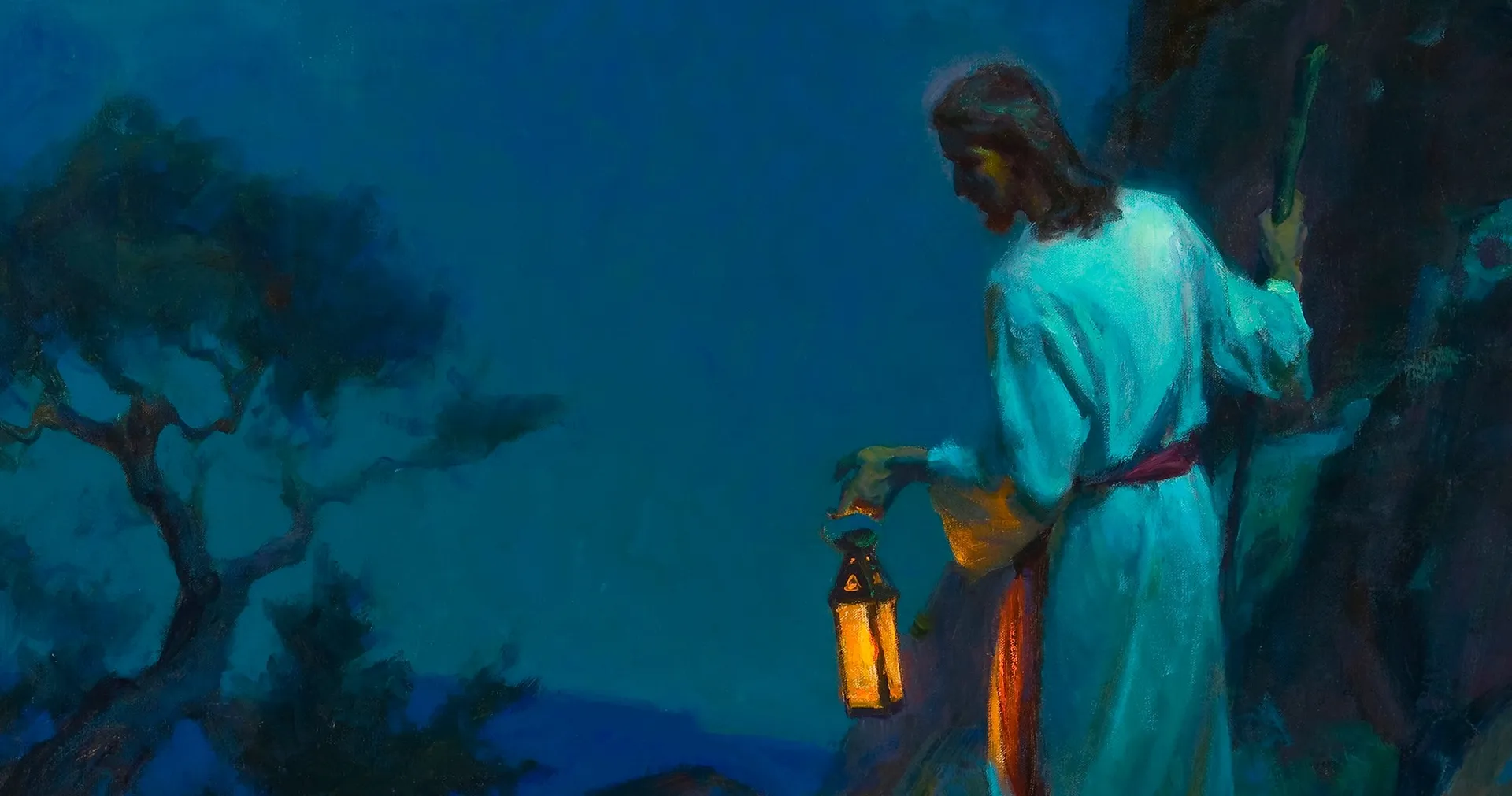 Painting of Jesus Christ at night carrying a lit lantern and a walking stick.