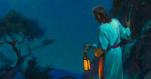 One painting of a night scene with the Savior and a lamb.  Overall a dark blue dominates the piece.  A bright orange flame, emanating from a lamp in the Saviors hand, draws the eye to the center.  The Savior stands with His back to the viewer, holding the lamp in His left hand, and a staff in His right.  He wears a white robe with a red sash.  He stands on a rocky mountainside, looking to the left where a small sheep looks back at Him.  The mountainside continues upward to the right of the background, but breaks off on the left.  The back ground on the left hold a medium sized tree.