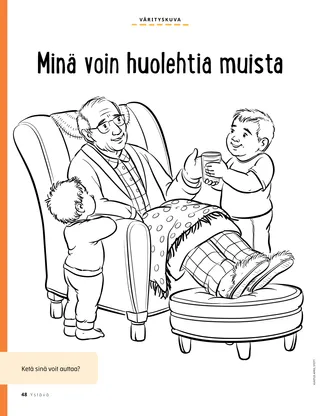 coloring page of boy giving drink to grandpa