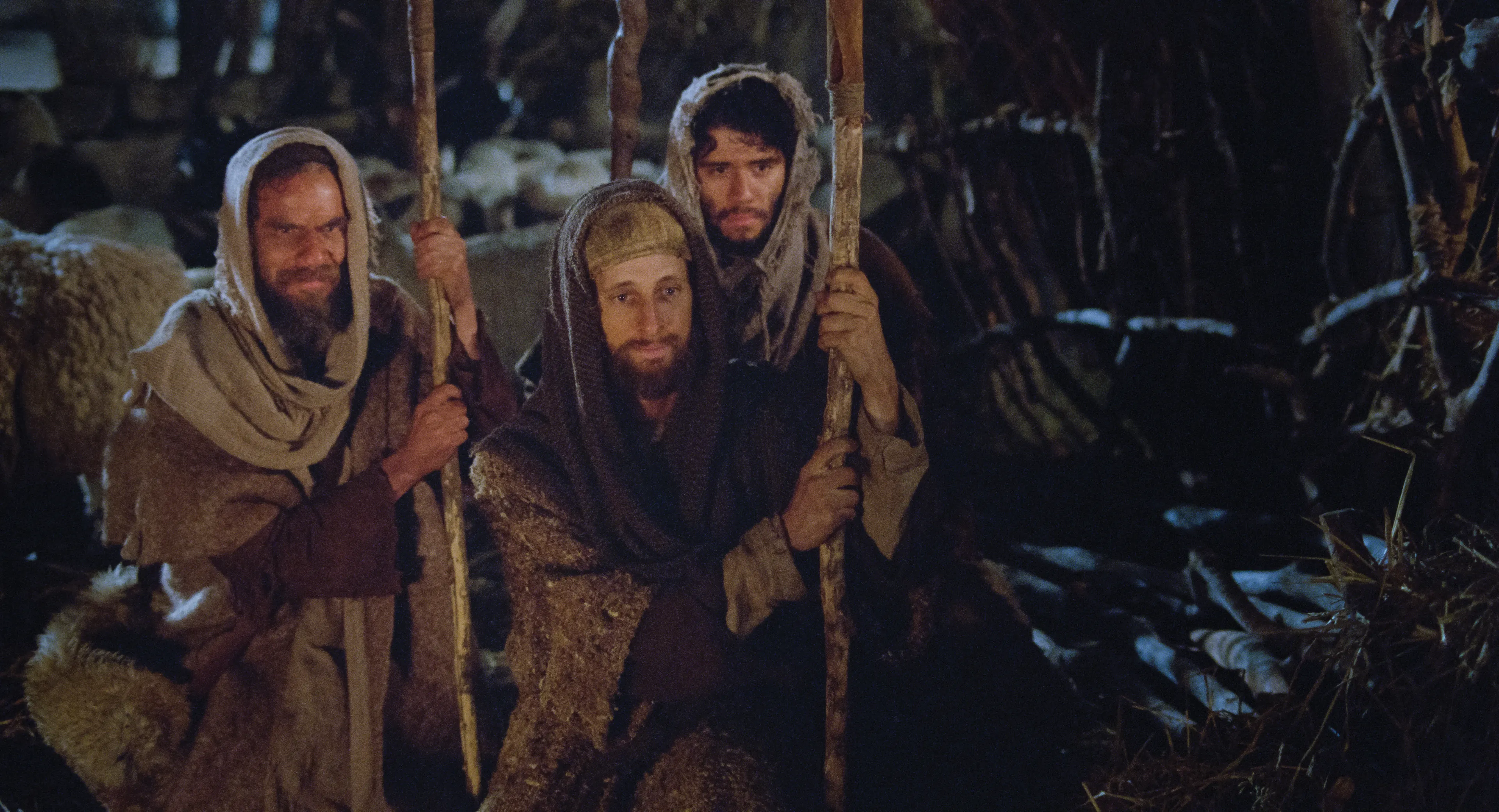 Shepherds come and watch the baby Jesus at the stable.