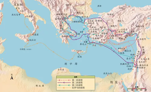 圣经地图。使徒保罗的传道旅程。