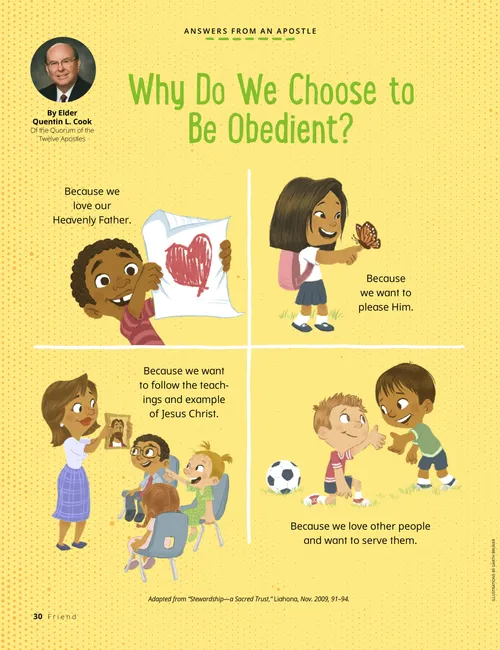 Page PDF with illustrations of children holding a paper with a heart, holding a butterfly, sitting in a Primary class, helping a hurt friend