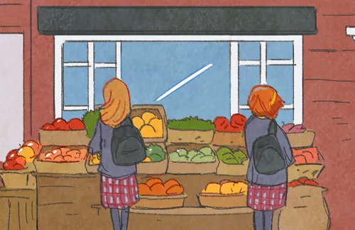 girls stopping to look at fruit stand