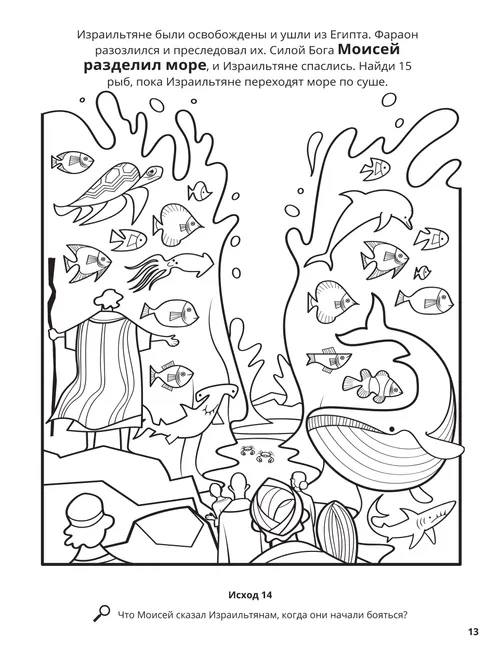 Раскраска в формате PDF с изображением разделяющегося Красного моря; можно раскрашивать различных рыб