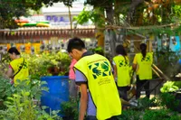 A group of young people preform service for their neighbors