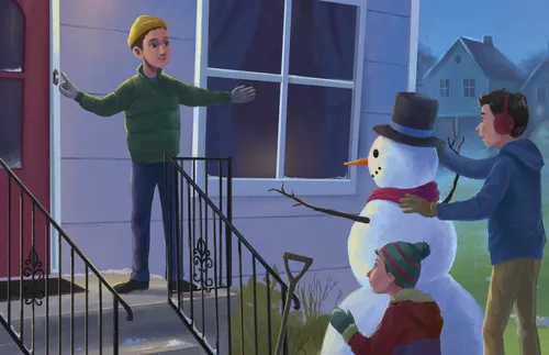 young men building snowman