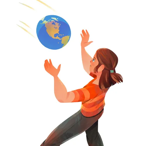 woman about to catch globe-shaped ball