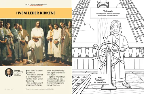 PDF-side med illustration af Jesus Kristus og hans apostle; samt en farvelægningsaktivitet med Jesus, der står ved roret på et skib