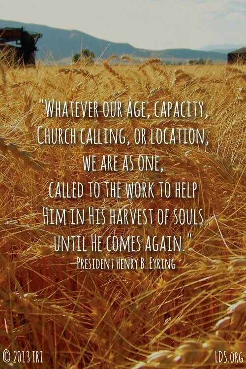 An image of a field of wheat paired with a quote by President Henry B. Eyring: “Whatever our … capacity, … we are as one, called to the work.”