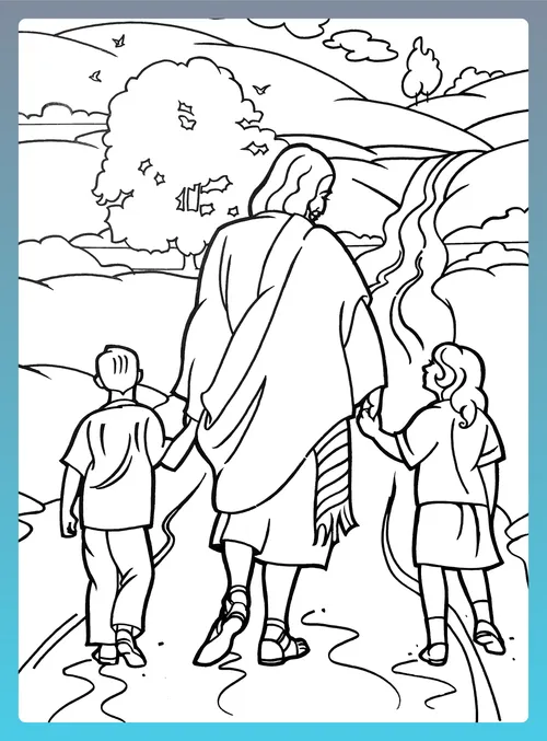 Christ walking down a path holding hands with two young children.