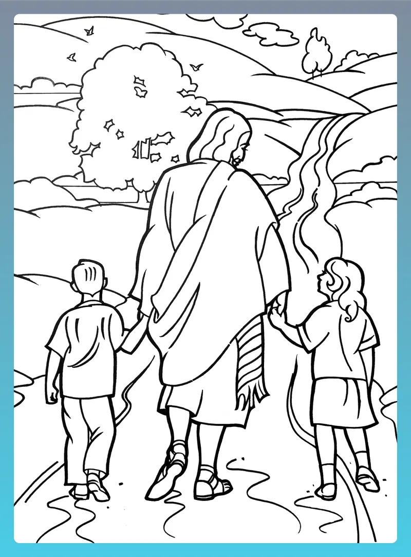 Christ walking down a path holding hands with two young children.