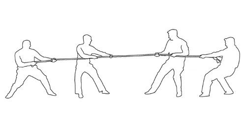 Four men pulling a rope in a tug-of-war.