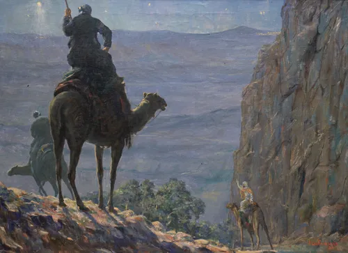 A painting of the Wise Men on camels following the new star.