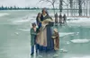 woman crossing frozen river with children