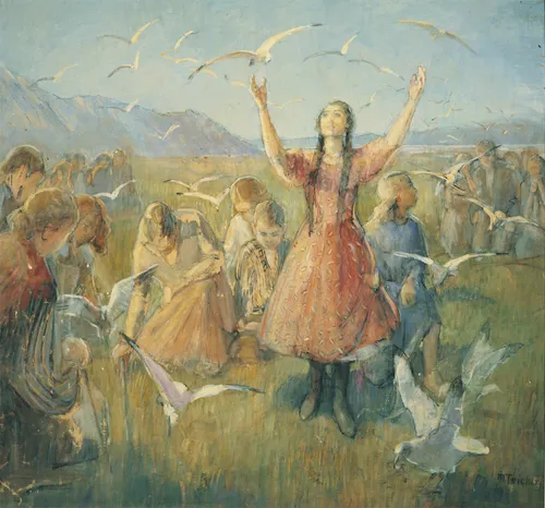 depiction of seagulls arriving