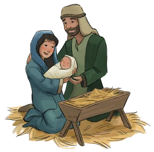 Illustration of Mary, Joseph, and baby Jesus