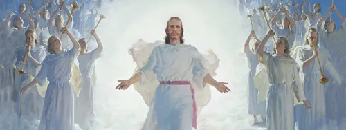 The resurrected Jesus Christ (wearing white robes with a magenta sash) standing above a large gathering of clouds. Christ has His arms partially extended. The wounds in the hands of Christ are visible. Numerous angels (each blowing a trumpet) are gathered on both sides of Christ. A desert landscape is visible below the clouds. The painting depicts the Second coming of Christ. (Acts 1:11)