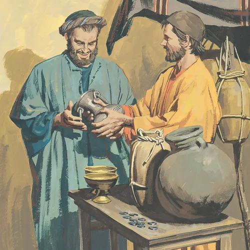 man buying jar from another man