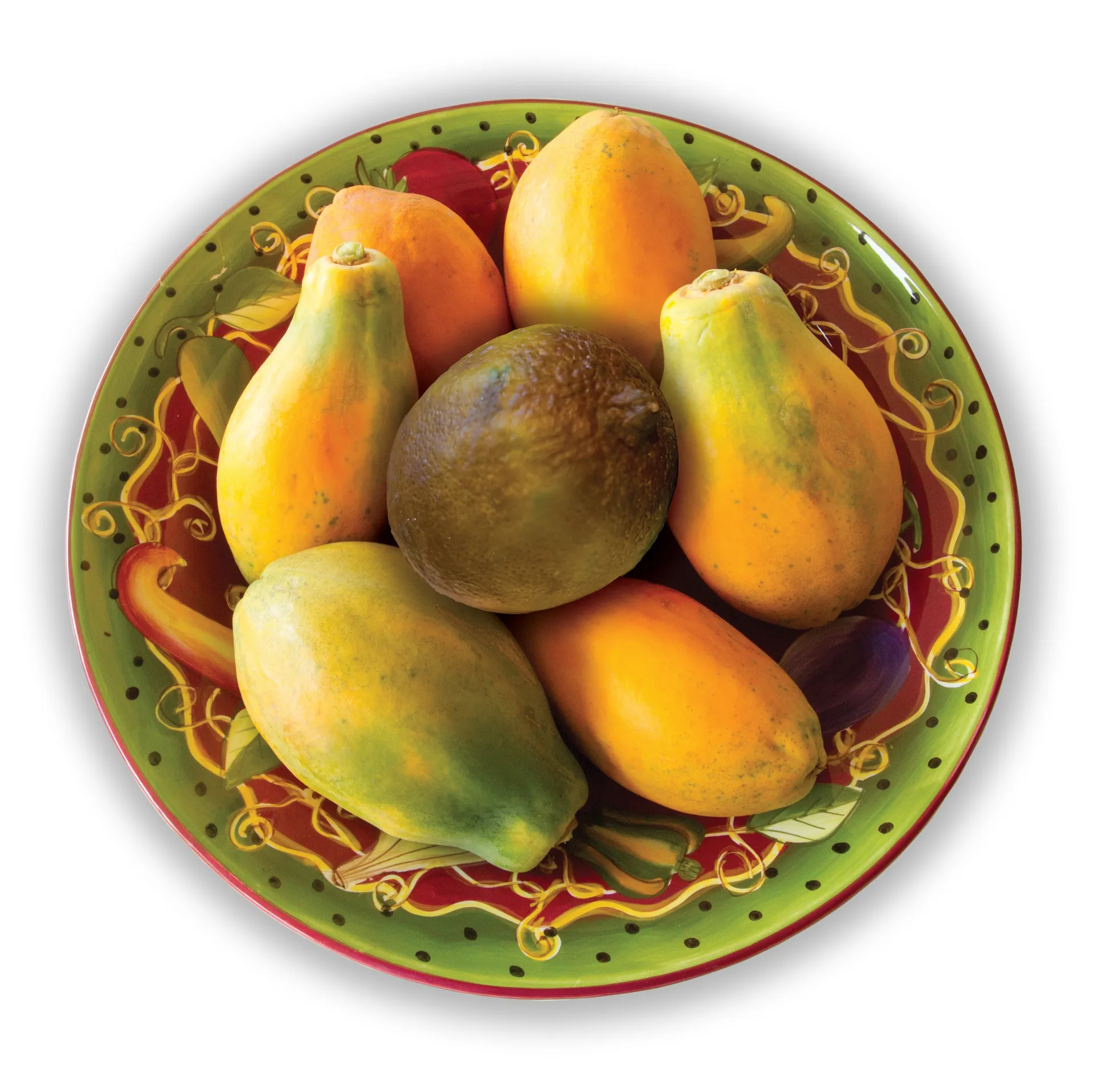 A bowl of fresh fruit with one rotten piece in the middle.