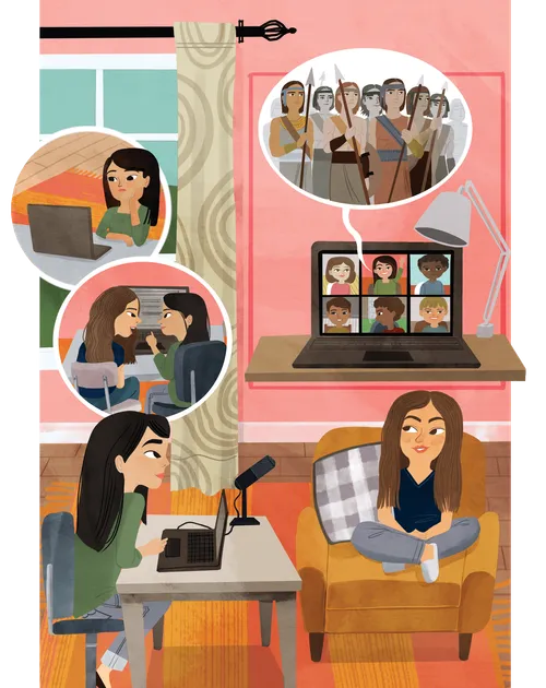 “Lights, Camera, Service” is about two sisters who were sad they couldn’t go to church because of the COVID-19 pandemic – they decided to make videos in Spanish to help other kids.   1. A sad girl looking at the computer. 2. Two sisters talking and looking online for lesson ideas. 3. Two sisters taking turns recording themselves as they talk about stories in the Book of Mormon.  4. Spot of six primary kids on a computer zoom meeting and a text bubble coming up from one of the sisters talking about the stripling warriors story in the Book of Mormon.