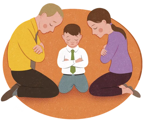 Little boy praying with parents