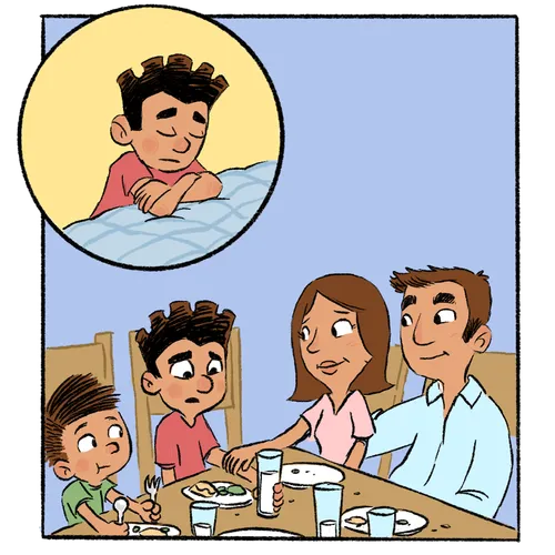 boy at dinner and praying