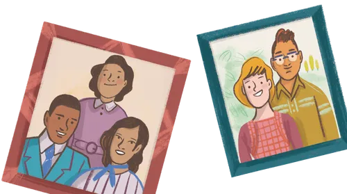 Spot illustrations.  1. Finger puppets from the biblical story of Daniel and the Lion's Den. Daniel, a couple of lions and an angel.  2. Photo of President Nelson at a pulpit.  3. Simple framed Old family photos. 4. Illustration of rock art of Daniel and whale.