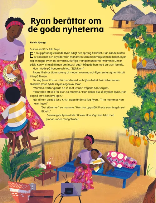 Pdf med illustrationer av en pojke som tittar på TV med sin mamma och leker med sin bror.