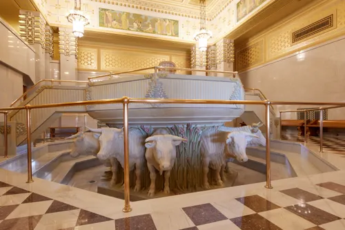 Interior image of the Baptistry inside the Cardston Alberta Temple.
