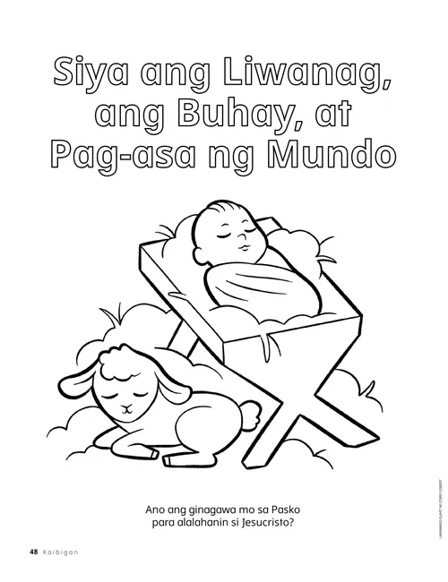 PDF ng pahinang kukulayan ng sanggol na si Jesus sa isang sabsaban na may tupa na nakahiga sa malapit