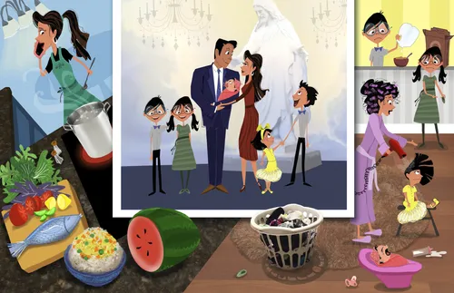 young family engaged in various activities