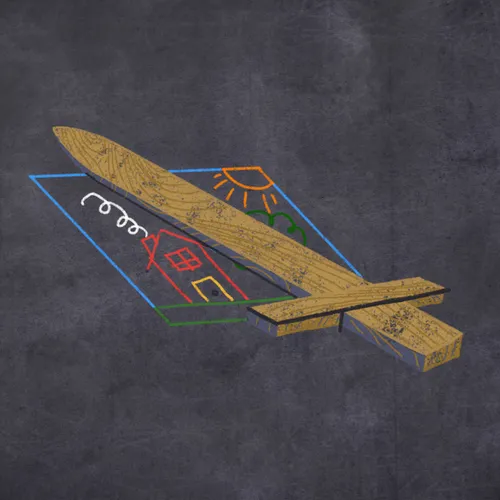 wooden sword and child’s drawing