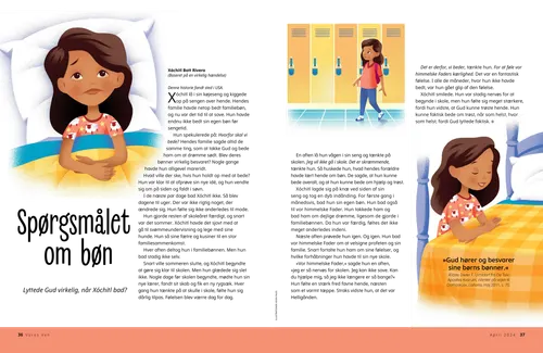 PDF-side med illustrationer af en pige, der er vågen i sin seng, går forbi skabe i skolen og knæler ved sin seng for at bede