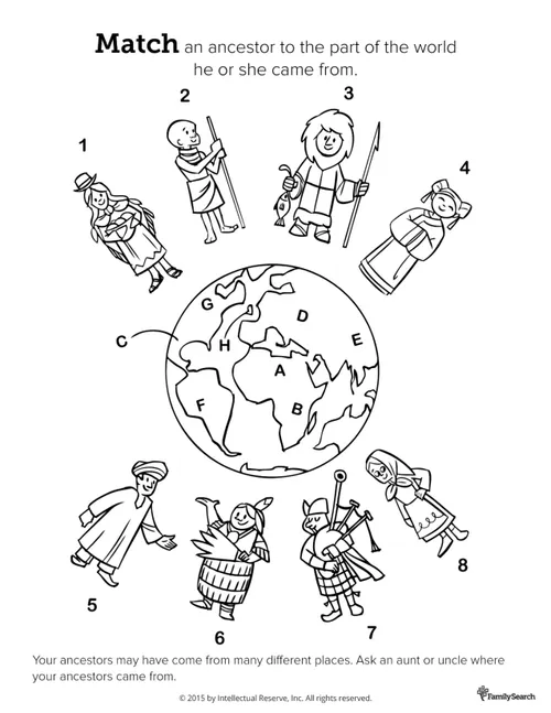 A black-and-white drawing of the world surrounded by eight people in traditional clothing from diverse countries.