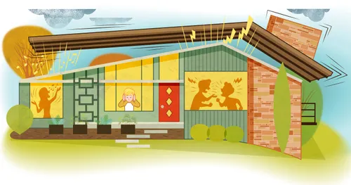 Boy with hands over his ears in loud house