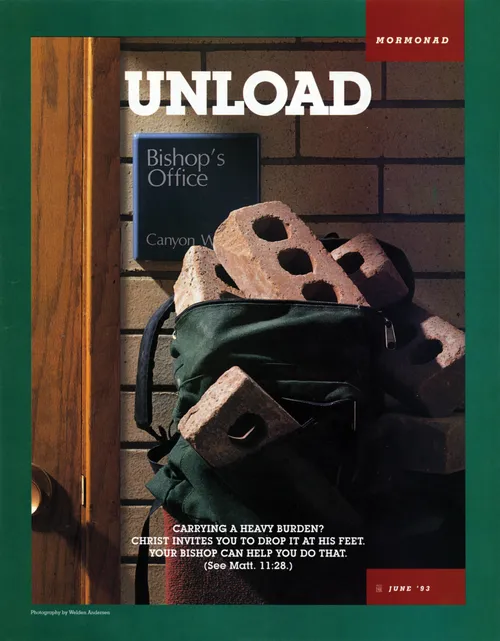 A conceptual photograph showing a backpack full of bricks sitting outside of a bishop’s office, paired with the word “Unload.”