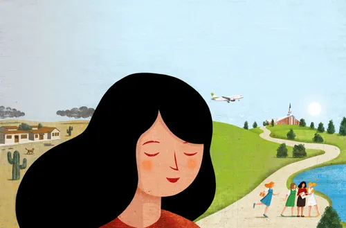 young woman by a path leading to a church in the distance